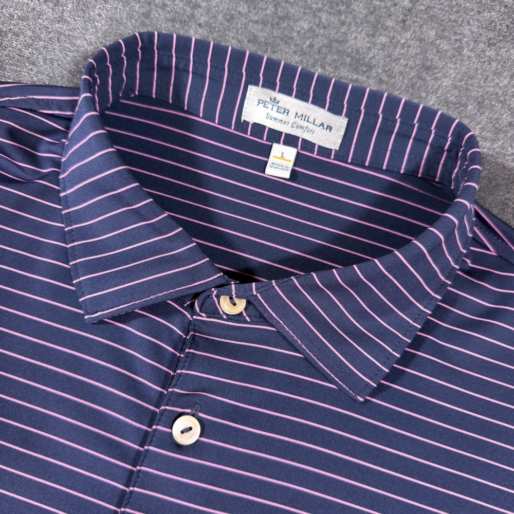 Peter Millar Polo Mens L Navy Pink Striped TPC Sawgrass Summer Comfort Golf
